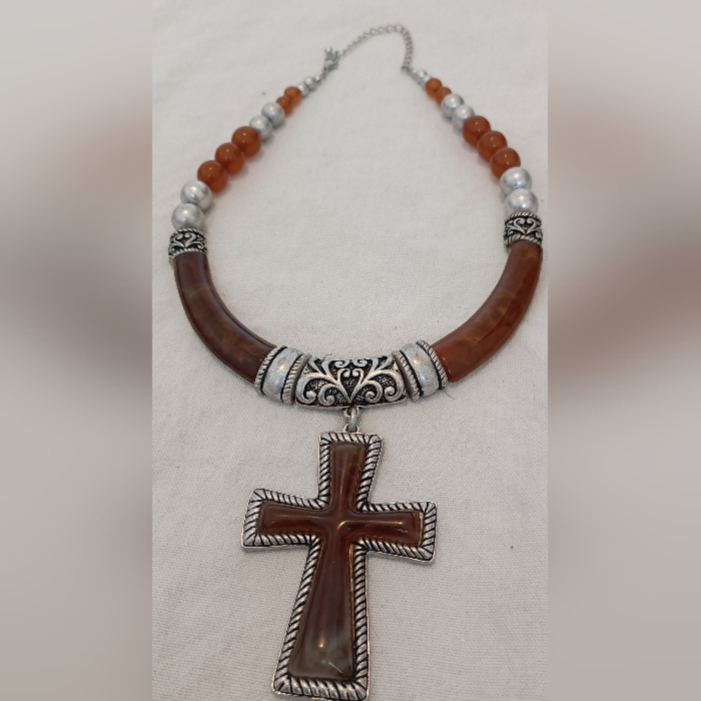 Brown Agate Cross Pendant Necklace with Silver Accents